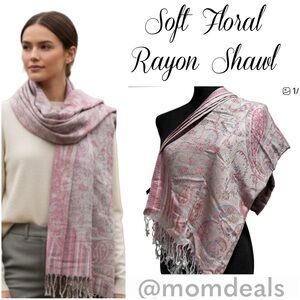Elegant Shawl in Silver & Pink Paisley- Versatile Wrap, Scarf, Veil Soft Rayon